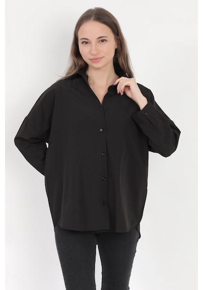 Giysa Kadın Siyah Uzun Kollu Basic Pamuklu Oversize Gömlek - 3900 Siyah