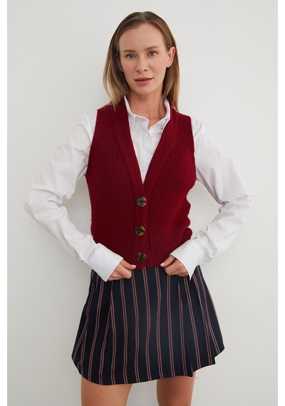 Fullamoda Düğmeli Triko Yelek Bordo