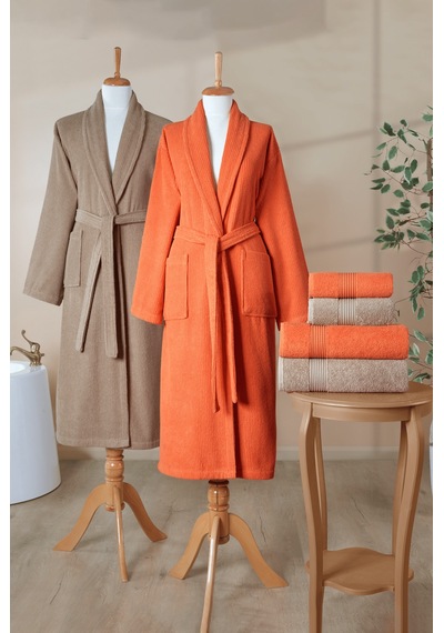 Stripe 6 Parça Çizgili Bornoz Seti %100 Pamuk Sertifikalı, Şalyaka Aile Bornoz Takımı Çeyiz Seti Kiremit Turuncu - Bej