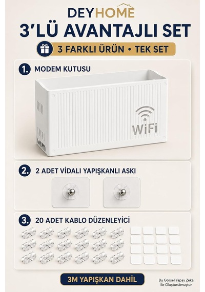 3'lü Set Modem Gizleme Kutusu Wi-fi Router Saklama Kutusu Pleksi Duvar Tipi Modem Koruyucu + 20 Adet Kablo Düzenleyici + 2 Adet Yapışkanlı Vidalı Askı Hediyeli 3, 3'lü Set Siyah