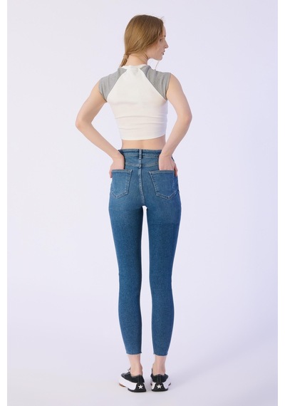 Skınny Cep Kapalı Dizler Lazerlı Paça Kesik Denim Pantolon-mavi Mavi