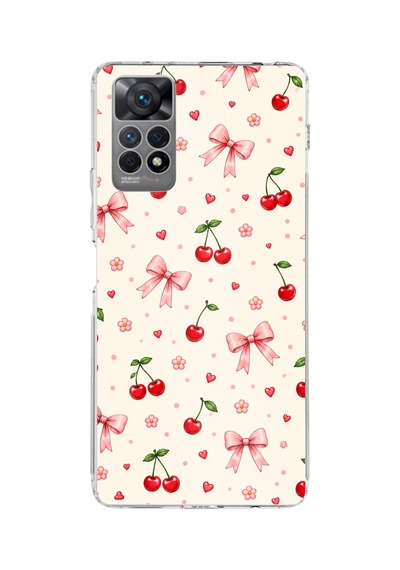 Redmi Note 12 Pro 4g Uyumlu Pembe Fiyonklu Ve Kiraz Desenli Krem Baskılı Silikon Kılıf