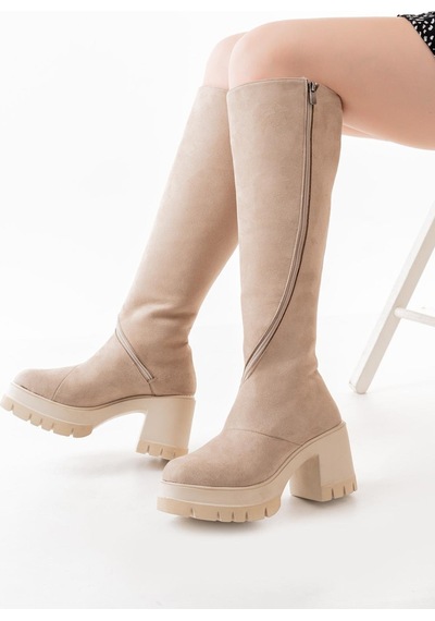 Asmi Shoes Kadın Döner Fermuarlı Diz Boyu Çizme Bej Süet Bej