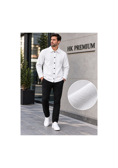 Hk Premium Erkek Gri Double Face Pike Gömlek Ceket Regular Fit, Çıtçıtlı, Uzun Kollu, Smart Casual Beyaz Hk Premium Erkek Gri Double Face Pike Gömlek Ceket Regular Fit, Çıtçıtlı, Uzun Kollu, Smart Casual Beyaz