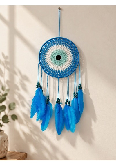 Nazar Motifli Düş Kapanı Rüya Kapanı Dream Catcher Mavi Tüylü Bohem Duvar Süsü Bohem El Yapımı Düş Kapanı 88315634