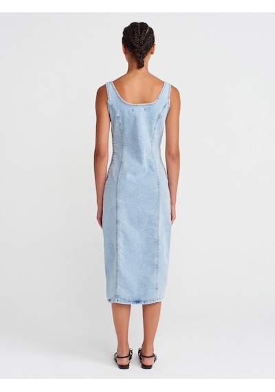 Dilvin 90565 Önü Derin Yırtmaçlı Denim Elbise-mavi Mavi