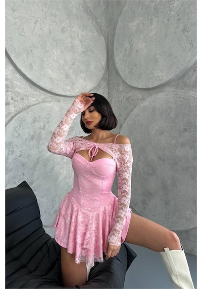 Dip Moda Kadın Bolero Detaylı Güpür Prenses Elbise Dpnbdf107 Pembe