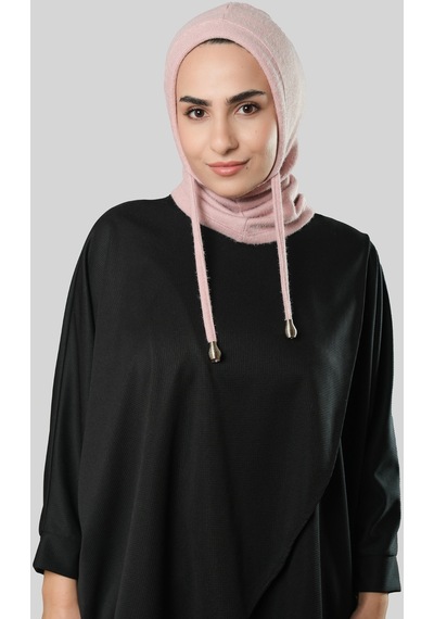 Hürrem Bone Pudra Bağcıklı Peluş Balaklava Boyunluklu Bere Jakar Düz 2327 06 Pudra