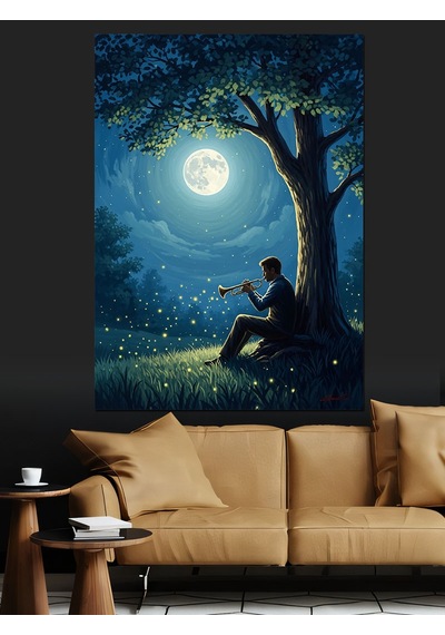 Ahşap Tablo Gece Yıldızlar Altında Trompet Çalan İnsan Figürlü Tablolar