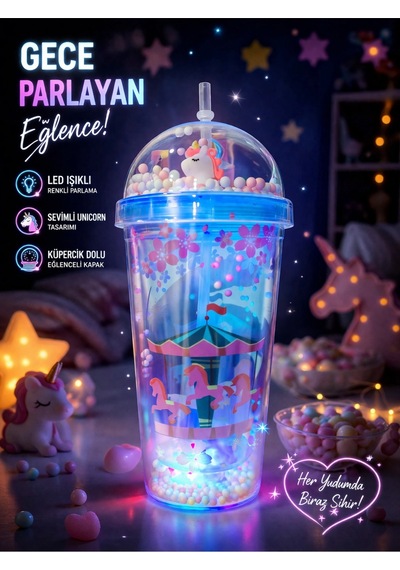 Renkli Boncuklu Sevimli Atlı Karınca Tasarım 450ml Led Işıklı Pipetli İçecek Bardağı Suluk Mavi 2649