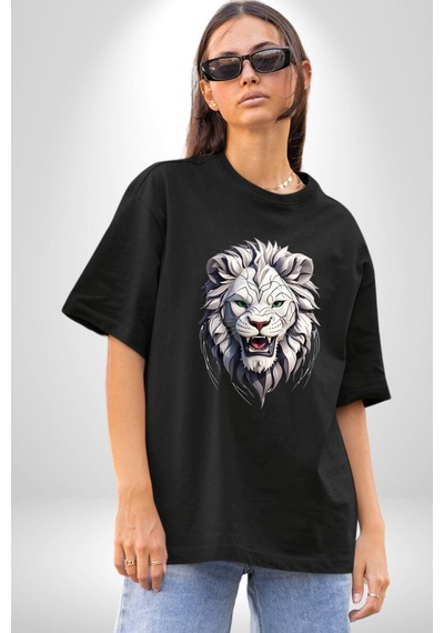 Beyaz Kaplan Kükreme Pamuklu Bisiklet Yaka Unisex Oversize Boyfriend Dijital Baskılı Siyah T-shirt Siyah