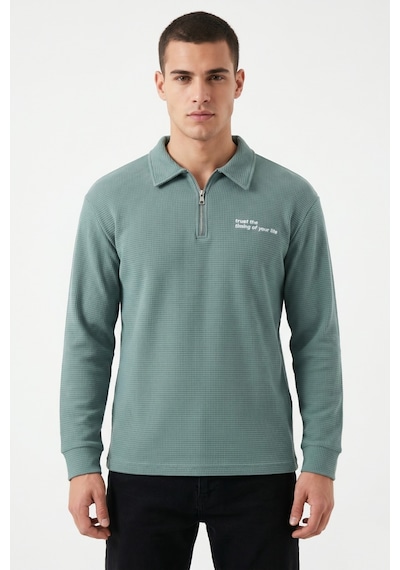 Opınıon Erkek Spor Polo Yaka Petek Dokulu Sweatshırt Bgl-st05442 Yeşil