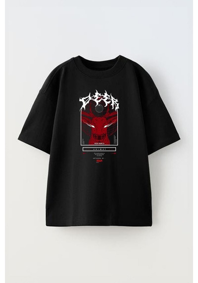 Thewert Unisex Şeytan Geyik Tasarım Baskılı Pamuk Sıyah Oversize T-shirt Siyah