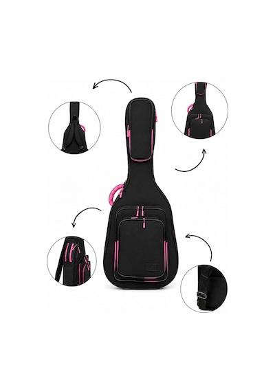 Profesyonel Gigbag Kalın Akustik Gitar Kılıfı-çantası - Siyah - Pembe 1900 Denye Lüx Kumaş - %100 Su Geçirmez