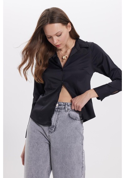 Tudors Kadın Slim Fit Dar Kesim Klasik Yaka Uzun Kollu Siyah Gömlek-40350 Siyah