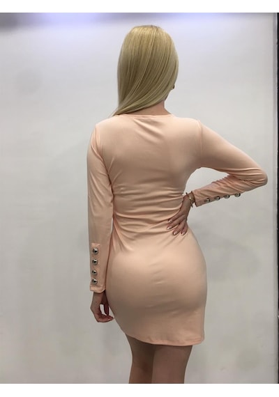 Pink Life Uzun Kollu Pudra Düğme Detaylı Mini Elbise - Kadın Pudra