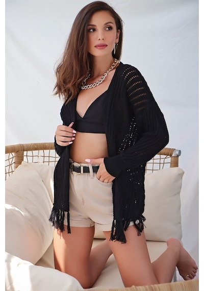 Aqe Fashion Motif Detaylı Eteği Püsküllü Hırka Siyah Siyah
