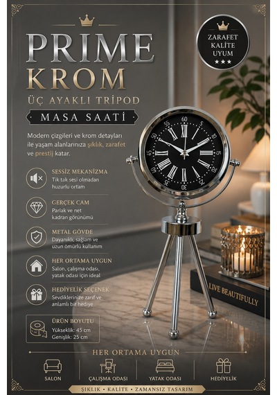 Prime Krom Üç Ayaklı Metal Masa Saati