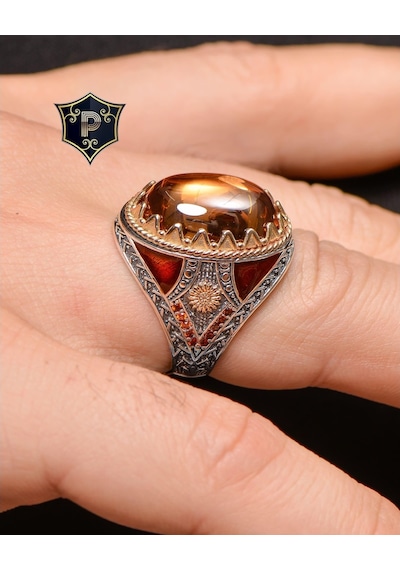 Gümüş Erkek Yüzük Şampanya Topaz Taşlı Zirkon Taş Süslemeli (537125177)