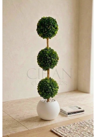 Cihan Çiçekçilik Yapay 3'lü Top Şimşir Ağacı - Beyaz Küre Saksılı 130cm