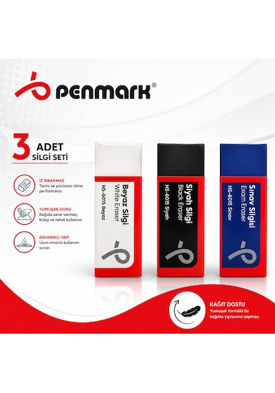 Penmark Silgi Seti 3 Adet Sınav Silgisi,siyah Silgi,beyaz Silgi 3 Adet Yumaşak İz Bırakmaz Silgi