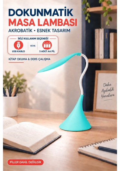 Dokunmatik Led Masa Lambası Dimmerli Esnek Akrobatik Kitap Okuma Ders Çalışma Pilli & Usb Kablolu Kullanım Mavi
