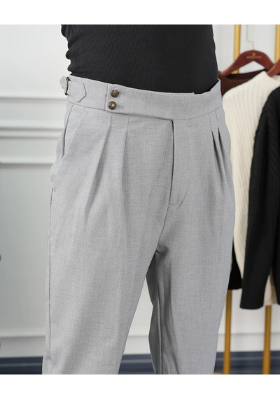 Modefendi Yüksek Bel Pileli Petek Örme Pamuklu Slimfit Pantolon Gri