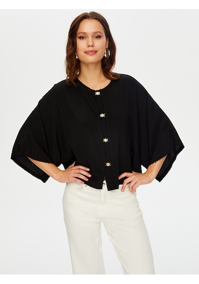 Faik Sönmez Gold Düğme Detaylı Dökümlü Rayon Bluz W26blz006 Uw26blz00610 Siyah