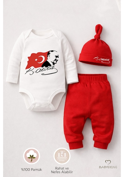 Babyden's Atatürk Baskılı 3 Lü Bebek Takımı %100 Pamuk Uzun Kollu Çıtçıtlı Body Pantolon Şapka Yenidoğan Seti Kırmızı - Beyaz