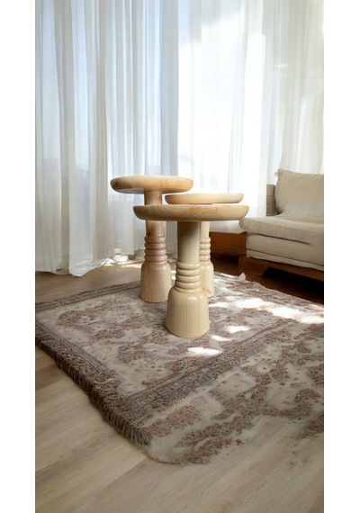 Wood Ahşap 3 Lü Set Mantar Yan Sehpa Boğumlu Model / Naturel Renk