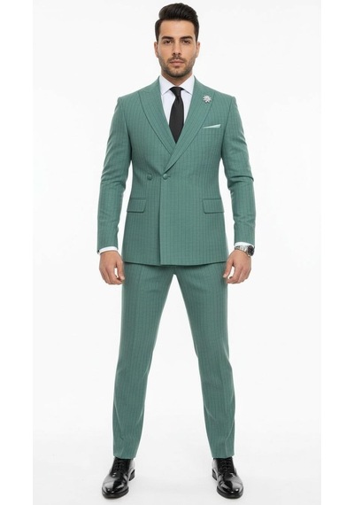 Erkek Slim Fit Çizgili Takım Elbise 2 Top Düğmeli, Çift Yırtmaçlı Modern Kesim Yeşil