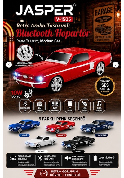 Jasper Jpr-1505 Mavi 10w Bluetooth Hoparlörlü Retro Araba Tasarım Fm Radyo, Usb, Tf Kart, Aux Ve Mp3 Çala