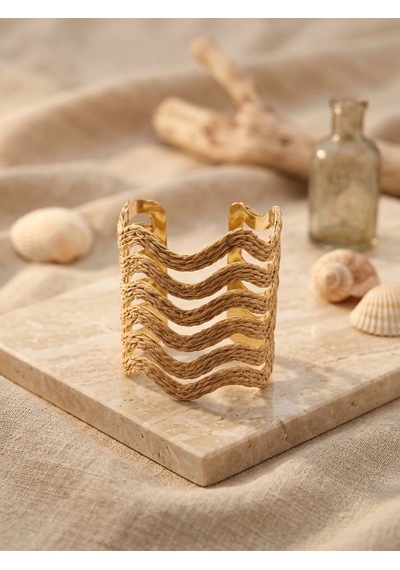 Vıp Kahverengi Hasır Doku Gold Kaplama Kelepçe Bileklik Altın