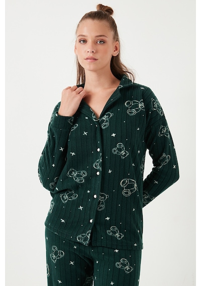 Lela Standart Fit Düğmeli Polarlı Bayan Pijama Takımı 6095616 Yeşil