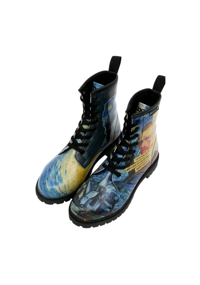 Kadın Vegan Deri Mavi Uzun Bot - Vincent Van Gogh The Starry Night Collage Muse Tasarım Multicolor