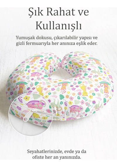 Renkli Kedi Çiçek Desenli Boyun Yastığı - Pastel Sarı Pembe Yeşil Çocuk & Yetişkin Seyahat Yastığı Çok Renkli