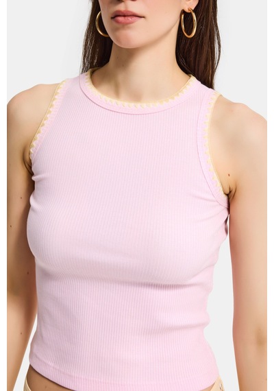 Kadın Pembe S6-98 Crop Fit Süper Elastan Sarı İşlemeli Body