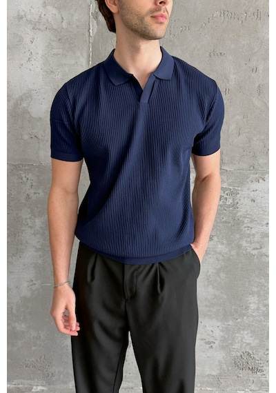 Erkek Petek Desen Polo Yaka Triko T-shirt Lacivert