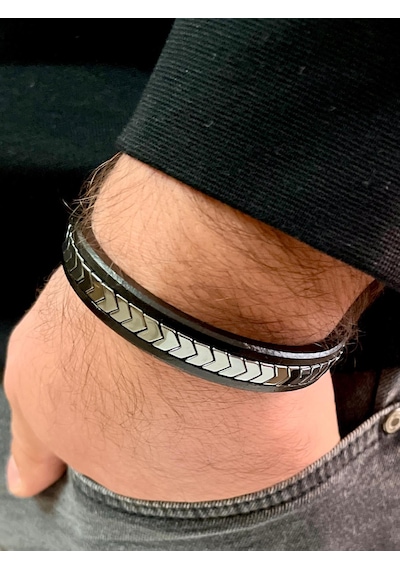 Deri Hematit Kombin Erkek Bileklik Boyut Net 22cm Siyah - Gri