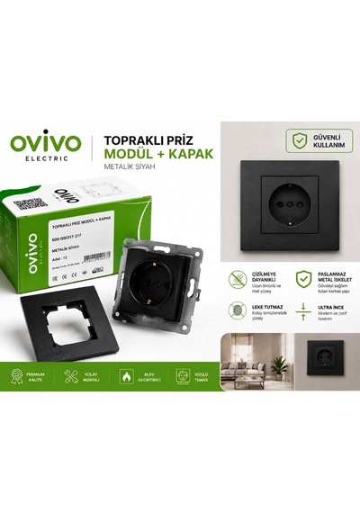 Ovivo Siyah Topraklı Priz - Çerçeveli Grano