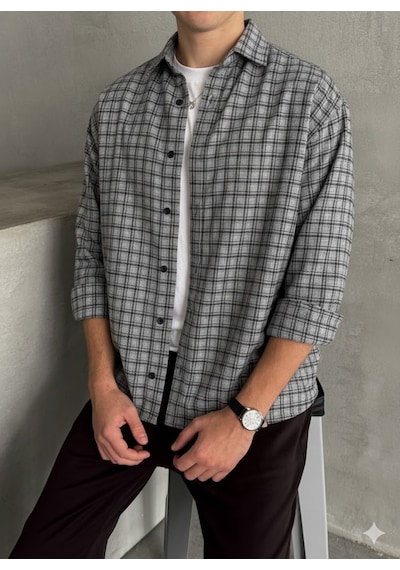 Erkek Oversize Kesim Kareli Gömlek Gri Melanj