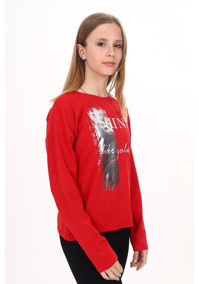 Toontoy Kız Çocuk Sweatshirt Shine Varak Baskılı Kırmızı