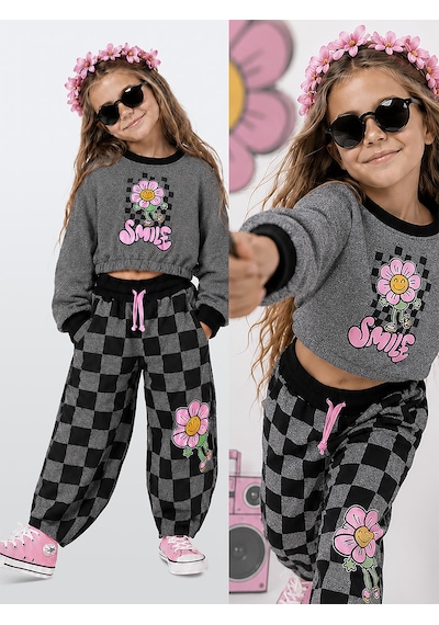 Kız Çocuk Eşofman Takım Crop Sweatshirt - Damalı Bol Eşofman Altı Oversize Kışlık (4-10 Yaş) Kız Çocuk Eşofman Takım Crop Sweatshirt - Damalı Bol Eşofman Altı Oversize Kışlık (4-10 Yaş)