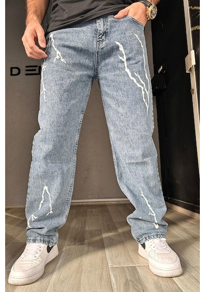 Erkek Şimşek Desenli Baggy Pantolon Buz Mavi