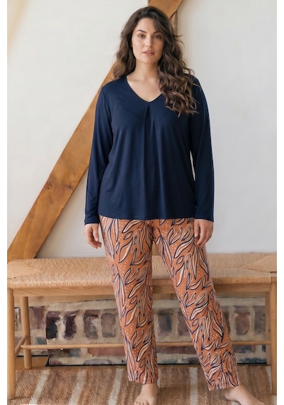 Siyah İnci Desenli Büyük Beden Battal Boy Viskon Örme Pijama Takım 26224818 Lacivert