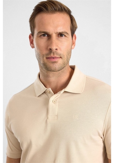 Süvari Bej Slim Düz Nakışlı Pike Düğmeli Polo Yaka Tişört Ts1014000474-bj3