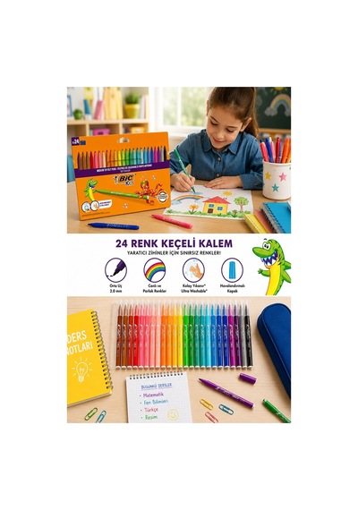 Keçeli Kalem 24 Renk 1 Paket Bic Kid Couleur 24 Lü Keçeli Kalem Canlı Renkler Yıkanabilir Kaliteli Okul Öğrenci
