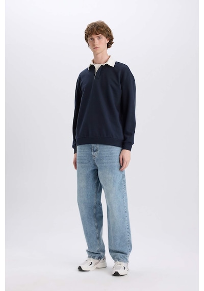 DeFacto Boxy Fit Polo Yaka Basic Düz Sweatshirt E6523AX24WNNV82 Lacivert
