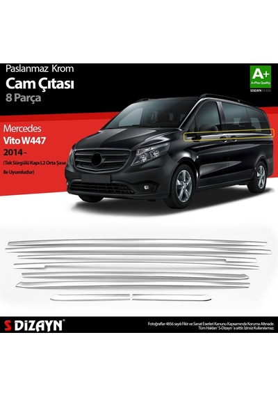 S-Dizayn  Mercedes Vito W447 Krom Cam Alt Çıtaları 8 Prç. Tek Sürgülü Kapı-l2 Orta Şasi 2014 Üzeri
