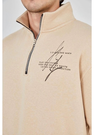 Erkek Yarım Fermuarlı Baskılı 3 İplik Pamuklu Sweatshirt - Bej